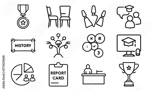 Education and Achievement Line Icons Set – Medal, Classroom Seats, Pencils, Online Learning, History Subject, Flowchart, Report Card, Teacher Desk, Student Award, and Pie Chart Symbols on White Backgr