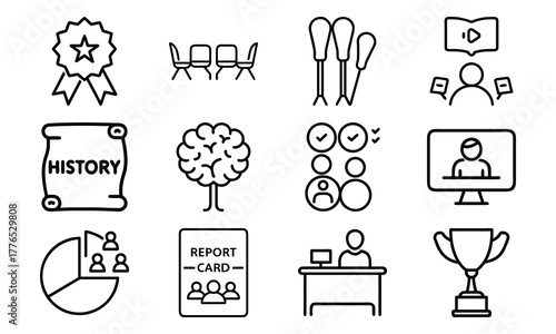 Education and Achievement Line Icons Set – Medal, Classroom Seats, Pencils, Online Learning, History Subject, Flowchart, Report Card, Teacher Desk, Student Award, and Pie Chart Symbols on White Backgr