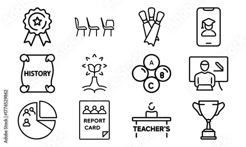 Education and Achievement Line Icons Set – Medal, Classroom Seats, Pencils, Online Learning, History Subject, Flowchart, Report Card, Teacher Desk, Student Award, and Pie Chart Symbols on White Backgr