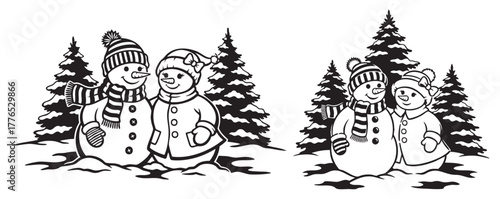 Snowman Couple in Winter Forest Illustration