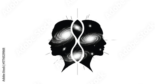 Cosmic connection and duality represented by facing profiles filled with galaxies