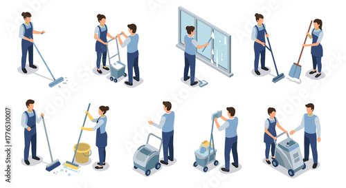Seamless cleaning service in action isometric teamwork and equipment