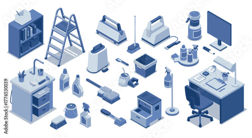 Isometric office cleaning equipment collection in blue tones