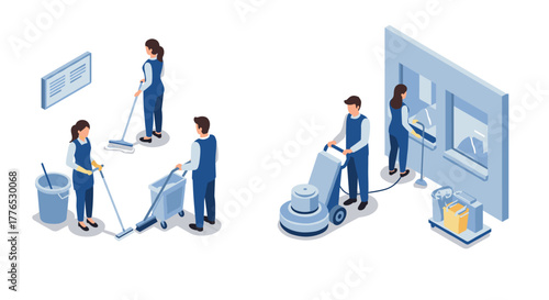 Isometric cleaning crew teamwork with modern equipment in office environment