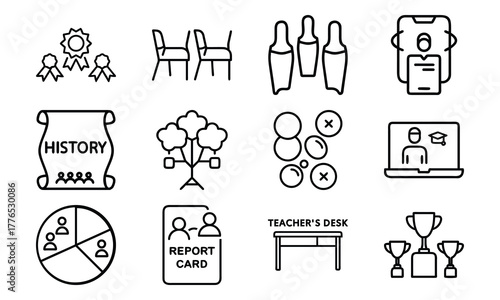 Education and Achievement Line Icons Set – Medal, Classroom Seats, Pencils, Online Learning, History Subject, Flowchart, Report Card, Teacher Desk, Student Award, and Pie Chart Symbols on White Backgr