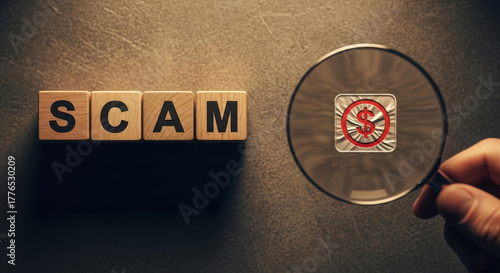 Scam Awareness: Detecting Fraudulent Schemes Under Magnifying Glass Featuring Wooden Blocks Spell Word Scam
