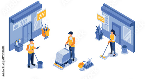 Isometric cleaning team at work in modern office environment with equipment