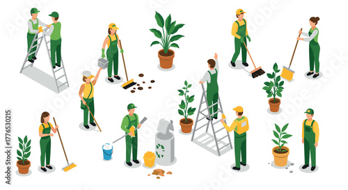 Isometric gardening team in action gardeners with tools and plants on white background
