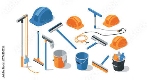 Isometric cleaning and construction tools set with helmets and squeegees