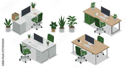 Modern isometric office desk setups with green plants and computers