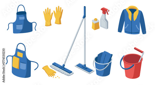 Isometric cleaning tools set with aprons, gloves, and mops in bright colors