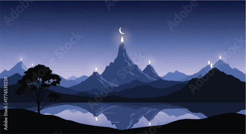Mystical mountains glow with serene lights under a crescent moon and tranquil lake.