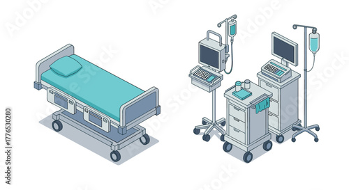 Isometric hospital equipment set medical bed and iv stand with monitor station