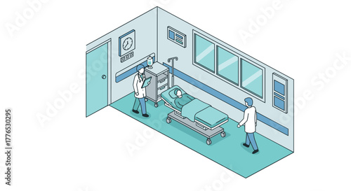 Isometric hospital room with medical professionals and patient on bed