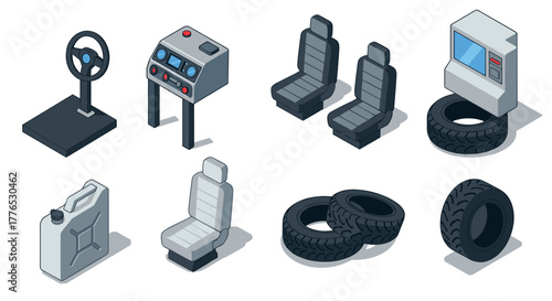 Isometric car parts collection featuring wheels and seats in modern design