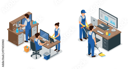 Isometric office cleaning scene with janitors and desk workers maintaining workspace hygiene