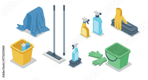 Isometric cleaning supplies collection with mop, bucket, and gloves