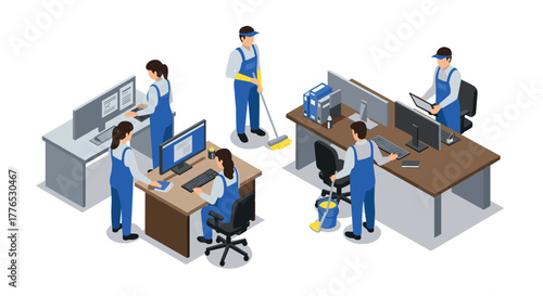 Isometric office maintenance scene with workers in uniform performing cleaning and technical tasks
