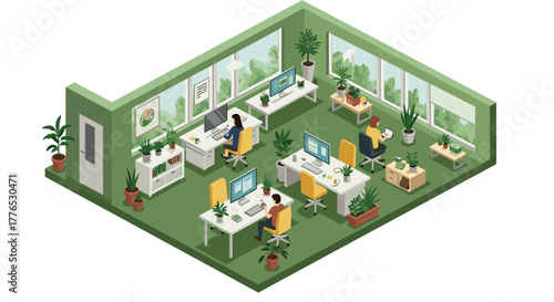 Lively isometric office with greenery and modern workspace design