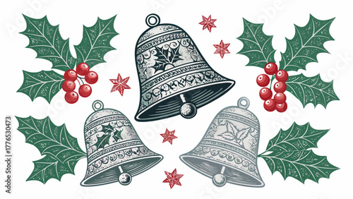 Festive Christmas bells silhouette surrounded by holly and berries for holiday cheer