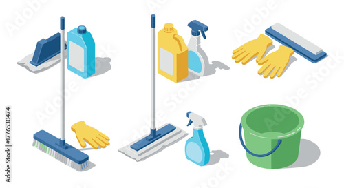 Isometric cleaning tools collection with bucket, mops, gloves, and sprays