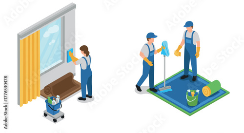 Professional cleaning services window and carpet maintenance in isometric design