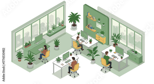 Modern isometric office with diverse team and green workspace design