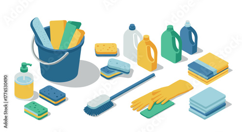 Cleaning supplies in isometric style with detergents, sponges, and gloves for household chores