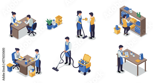 Isometric office cleaning and organization scenes with characters and supplies