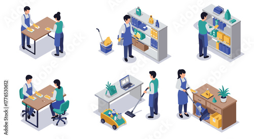 Office cleaning crew in action isometric design of janitors and supplies