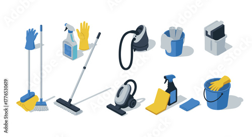 Isometric cleaning tools set with vacuum, mop, gloves, and detergents on white background