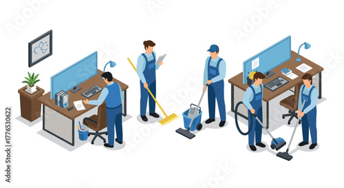 Office cleaning team in action isometric workspace hygiene and maintenance concept