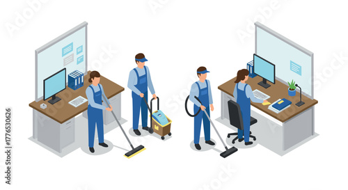 Office cleaning crew in action isometric workers maintaining workspace hygiene