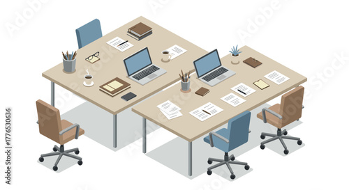Modern office workspace isometric design with laptops and chairs