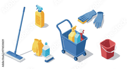 Isometric cleaning tools set with mop, gloves, bucket, and cart on white background