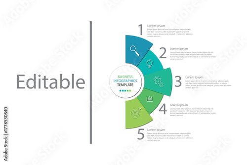 Editable business infographic template design with 5 steps. Infographic template which can be used for presentations banners, workflow layout, annual report, web design.	