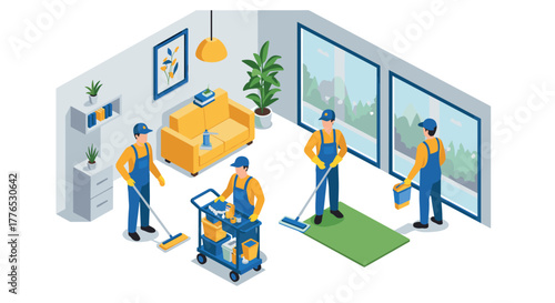 Isometric office cleaning scene with workers in uniform performing tasks