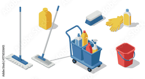 Isometric cleaning supplies set with mop, bucket, gloves, and detergents