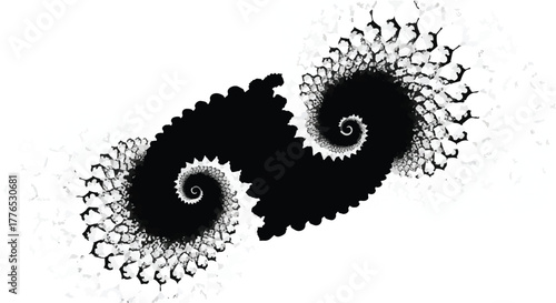 Intricate black fractal patterns resembling swirling galaxies against a stark white background
