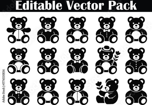 Collection of black teddy bear icons silhouette