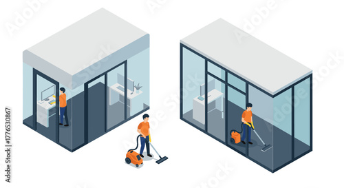 Isometric office cleaning scene with vacuum cleaner and employees in glass cabinets