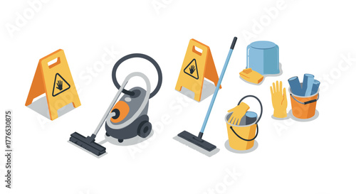 Isometric cleaning tools set with safety signs and equipment