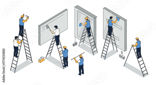 Professional window cleaners working on tall buildings in isometric style