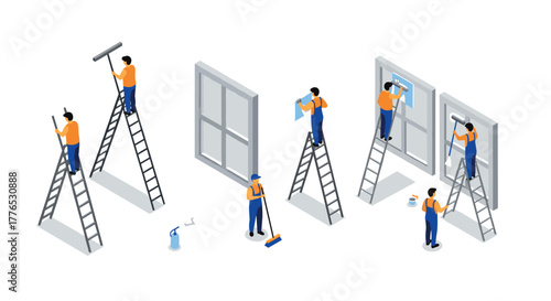 Isometric window cleaning crew with equipment for professional maintenance