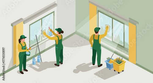 Professional team cleaning windows in isometric style for spring maintenance