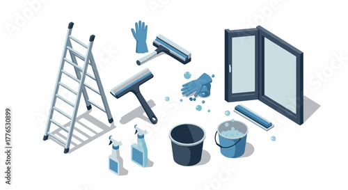 Essential cleaning equipment for window maintenance in isometric design