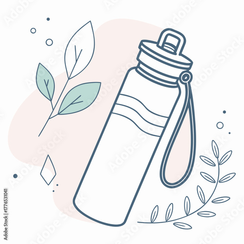 Minimalist vector icon of eco reusable water bottle with leaves, sustainable lifestyle illustration