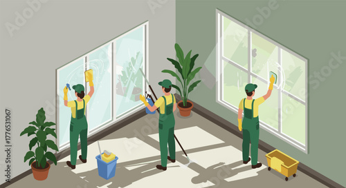 Professional window cleaners in action flat design of team cleaning house windows in bright room