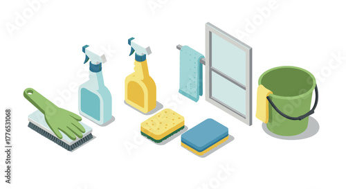 Isometric cleaning supplies with window for home care and hygiene solutions