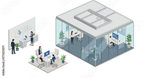Modern isometric office space with glass walls and team collaboration areas